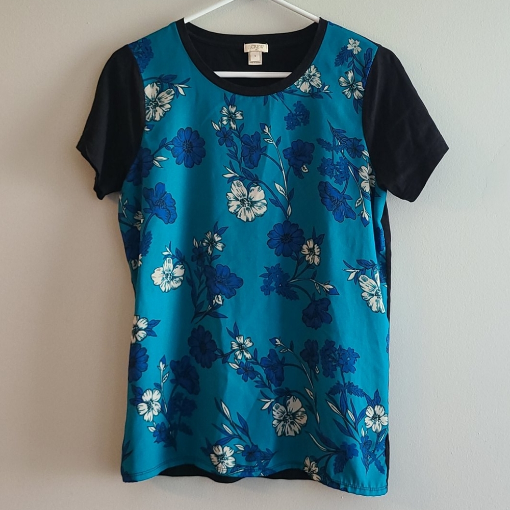J. Crew Blue Floral Short Sleeve Cotton Tee S